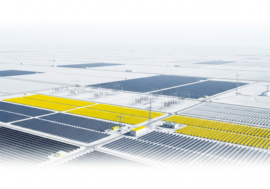 Modern utility-scale solar park with extensive photovoltaic fields and engineered infrastructure, representing large-scale solar construction in Europe.