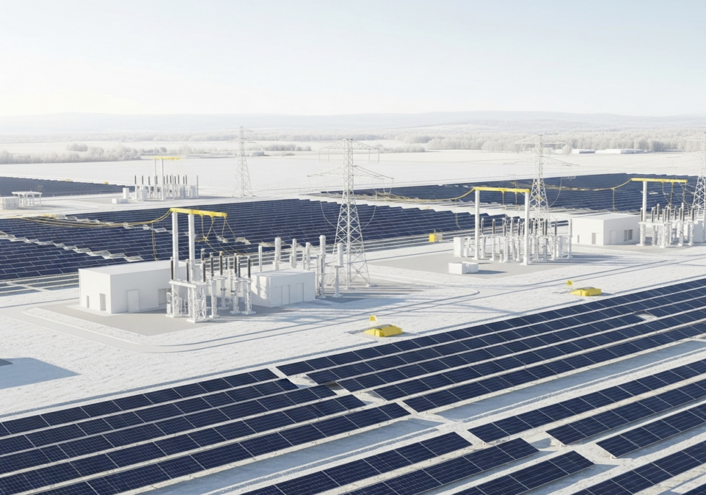Modern utility-scale photovoltaic fields and solar infrastructure in Europe designed with industrial precision, showing clean engineering layouts and grid integration.