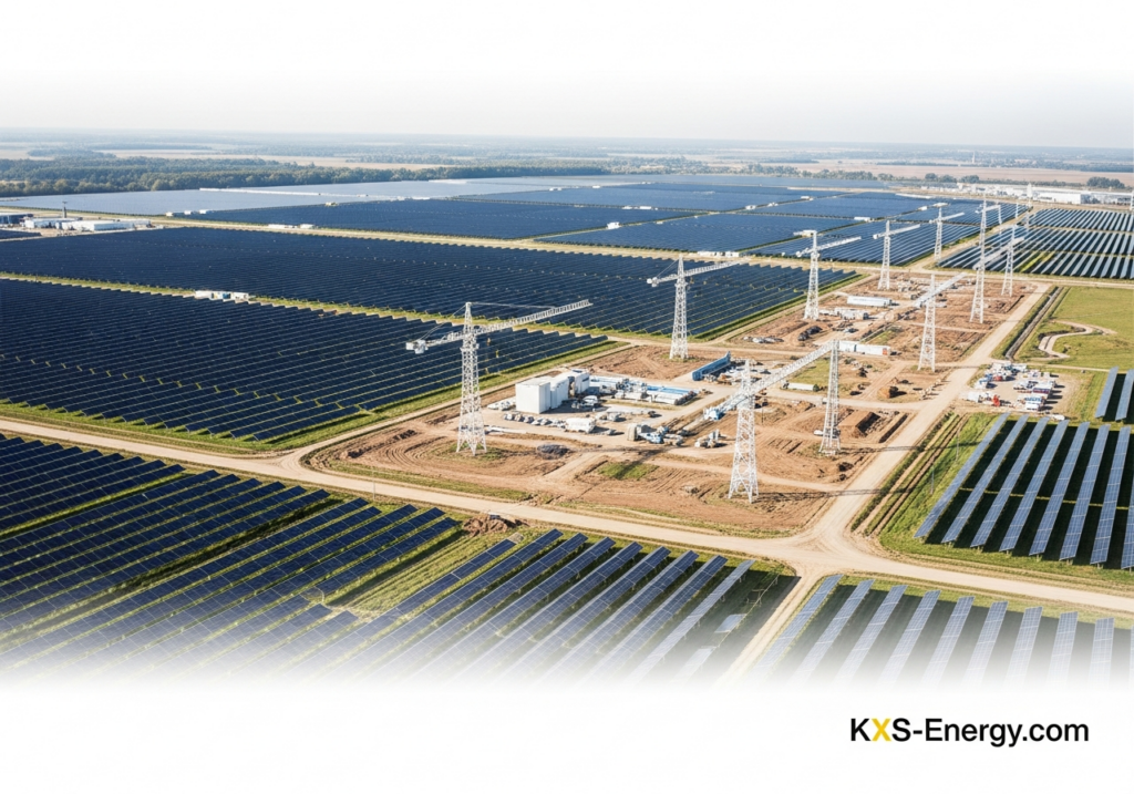 A landscape image of large-scale photovoltaic solar fields with industrial infrastructure, illustrating utility-scale solar park construction in Europe.